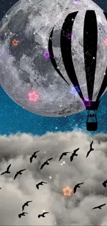 Hot air balloon floats by moon over clouds with birds in night sky.