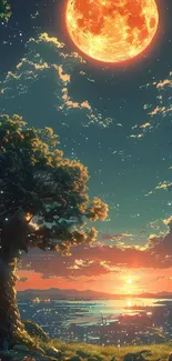 Anime scene with full moon, stars, and tree against a seaside backdrop.