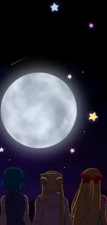 Anime characters gazing at a moonlit night sky with stars.