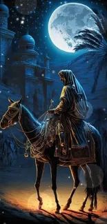 Arabian horseman under a full moon in desert setting with blue hues.