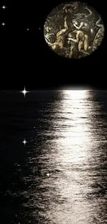 Moonlit ocean with textured moon and shimmering reflections.