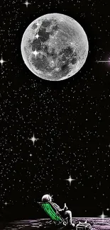 Astronaut under the moon in a starry sky mobile wallpaper.