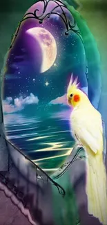 Fantasy wallpaper with cockatiel by moonlit ocean.