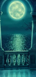 Moonlit balcony wallpaper with serene teal waters and night sky.