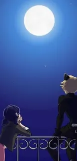 Anime characters on balcony under full moon.