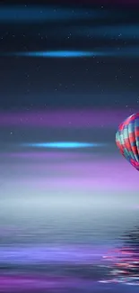 Hot air balloon over moonlit water, starlit sky.