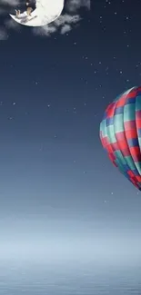 Dreamy night sky with moon and hot air balloon floating.