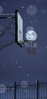 Moonlit basketball hoop against a starry night sky in a surreal scene.