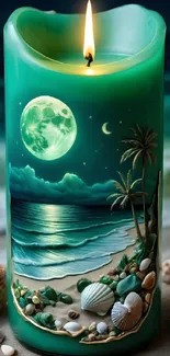 Green candle with moonlit beach scene and seashells.