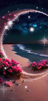 Crescent moon with roses on a dreamy, starry beach at night.