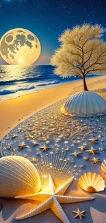 Moonlit beach with shells and stars under a dreamy night sky; ideal mobile wallpaper.