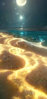 Moonlit beach with glowing waves under a starry sky.