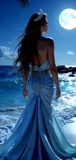 Elegant woman on moonlit beach with ocean waves.