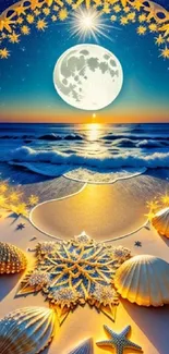 Moonlit beach with seashells and stars under a glowing full moon.