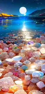 Moonlit beach with colorful pebbles and a starry sky.