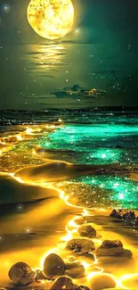 Moonlit beach with glowing ocean path under full moon.