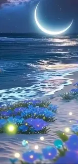 Fantasy moonlit beach with vibrant flowers and gentle ocean waves.