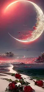 A crescent moon shines over a beach, adorned with red roses and glowing reflections.