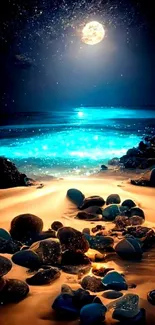 Moonlit beach with glowing shore under a starry night sky.