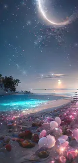 Moonlit beach with fantasy elements and a starry night sky.