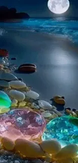 Moonlit beach with glowing gemstones and ocean waves.