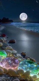 Moonlit beach with colorful, glowing gems on sand.