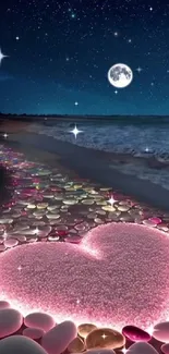 Beach at night with glowing heart path and full moon.