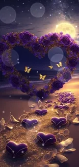 Romantic moonlit beach with heart-shaped flowers and butterflies.