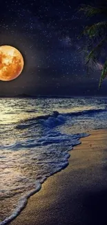 Moonlit beach with waves under a starry sky and a full moon.