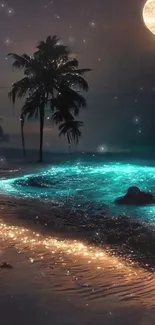 Moonlit beach with glowing waves and palm trees at night.