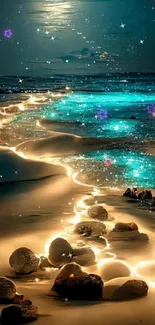 Moonlit beach with glowing water and a starry night sky wallpaper.