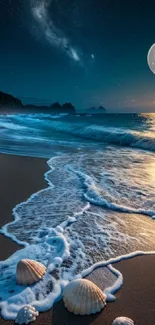 A serene moonlit beach with ocean waves, stars, and a glowing moon.