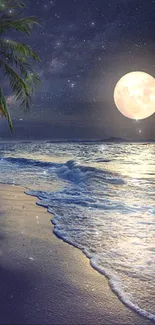 Moonlit beach with ocean waves under a starry night sky.