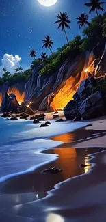 A peaceful moonlit beach with palm trees and rocky cliffs under a starry sky.