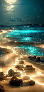 Enchanting moonlit beach with glowing water and shimmering sands.