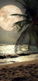 Moonlit beach with palm tree and ocean waves under a full moon.