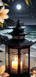 Lantern by moonlit beach with flowers.