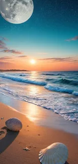 Moonlit beach with waves and seashells under a starry sky.