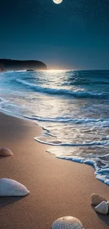 Moonlit beach with ocean waves and shells under a starry night sky.