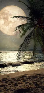 Moonlit beach with calm waves and silhouetted palm trees under a glowing full moon.