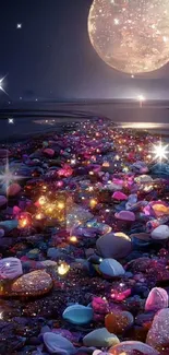 Moonlit beach with sparkling stones in vibrant colors.