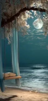 Swing on a moonlit beach under a tree with ocean view.