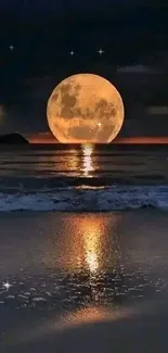 Full moon reflected over tranquil beach at night, showcasing serene beauty.