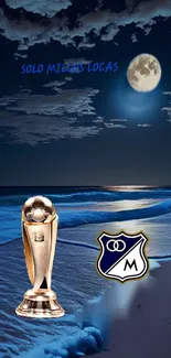 Moonlit beach with trophy and shield logo in serene night scene.