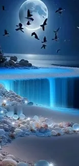 Moonlit waterfall on a serene beach night.