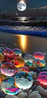 Moonlit beach with colorful orbs reflecting on the water, creating a serene ambiance.