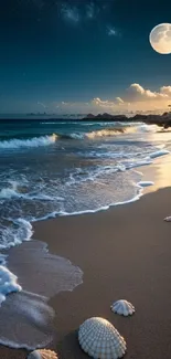 Moonlit beach with seashells and waves under a starry sky.