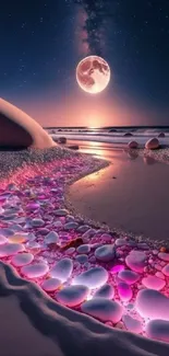 Moonlit beach with glowing pebbles and full moon night sky.