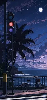 Person stands by a bike at night under a moonlit sky with palm trees by the ocean.
