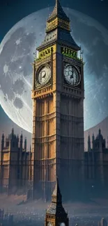 Moonlit Big Ben with a fantasy cityscape background in stunning wallpaper art.